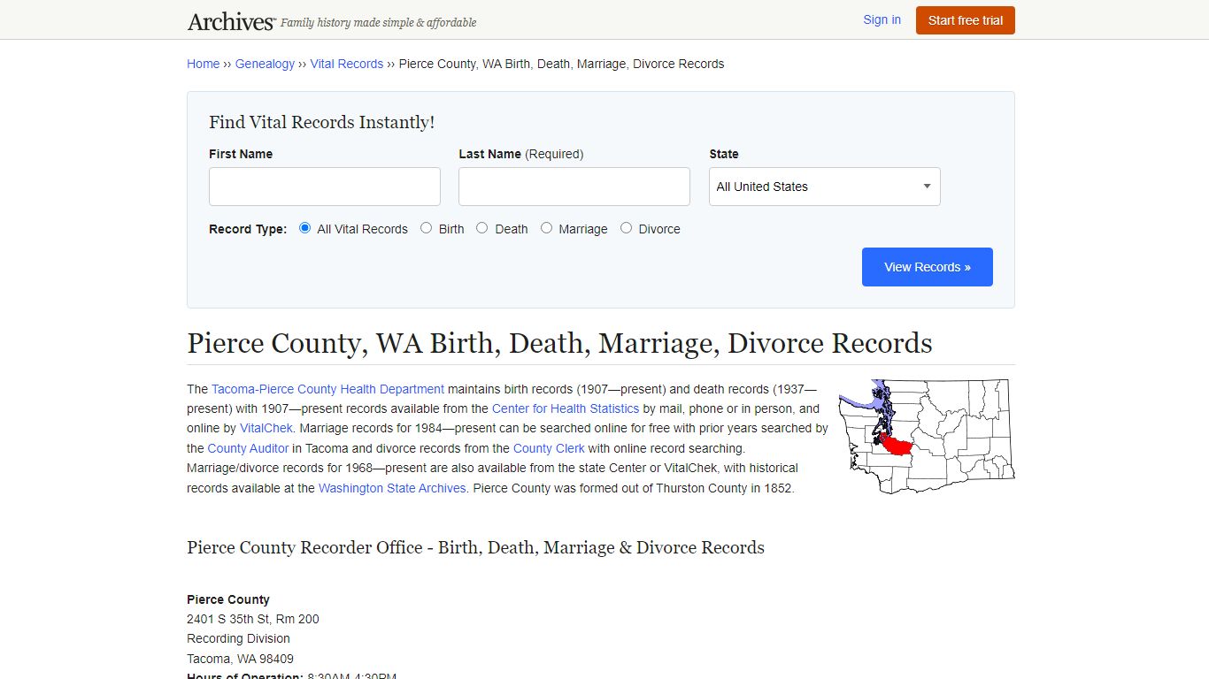 Pierce County, WA Birth, Death, Marriage, Divorce Records - Archives.com